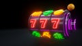 Slot Machine With Fruit Icons. Jackpot And Fortune. Casino Gambling Concept With Blue Neon Lights - 3D Illustration Royalty Free Stock Photo