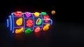 Slot Machine With Fruit Icons. Jackpot And Fortune. Casino Gambling Concept With Neon Lights - 3D Illustration Royalty Free Stock Photo