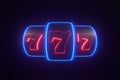 Slot machine with futuristic glowing red and blue neon lights on a black background Royalty Free Stock Photo