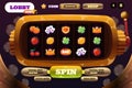 Slot machine game. Cartoon online casino web app UI, gamble game screen with interface elements and cartoon colorful