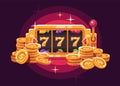 Slot machine with gold coin pile on red background. Casino flat illustration