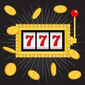 Slot machine. Golden Glowing lamp light. 777 Jackpot. Lucky sevens. Flying coin money. Red handle lever. Big win Online casino, ga