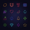 Slot machine icon. Casino neon symbols for game automat heart money diamond clover dollar heart vector collection