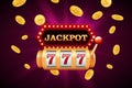 Slot machine and jackpot banner with falling golden coins Royalty Free Stock Photo