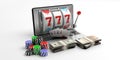 Slot machine on a laptop screen, cards, money and poker chips. 3d illustration