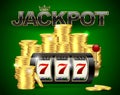 Slot machine with lucky seven and golden coins and red black jackpot text with crown on green casino background