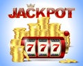 Slot machine with lucky seven and golden coins and red glossy jackpot text with crown on blue background Royalty Free Stock Photo