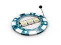 Slot machine with lucky sevens jackpot on the casino chip. 3d illustration