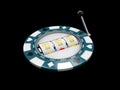 Slot machine with lucky sevens jackpot on the casino chip. 3d illustration isolated black