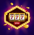 Slot machine lucky sevens jackpot concept 777. Vector casino game. Slot machine with money coins. Fortune chance jackpot Royalty Free Stock Photo