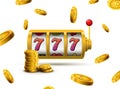 Slot machine lucky sevens jackpot concept 777. Vector casino game. Slot machine with money coins. Fortune chance jackpot