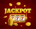 Slot machine lucky sevens jackpot concept 777. Vector casino game. Slot machine with money coins. Fortune chance jackpot