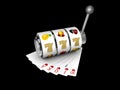 Slot machine with lucky sevens jackpot with play cards, 3d Illustration isolated black