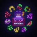 Slot machine is a neon sign. Collection of neon signs for a gaming machine. Game icons for casino. Vector Illustration Royalty Free Stock Photo