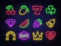 Slot machine is a neon sign. Collection of neon signs for a gaming machine. Game icons for casino. Vector Illustration Royalty Free Stock Photo