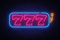 Slot Machine neon sign vector. 777 Slot Machine Design template neon sign, light banner, neon signboard, nightly bright