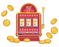 Slot machine in realistic style with coins. Lucky sevens 777. Casino Las Vegas jackpot