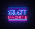 Slot Machine sign vector design template. Slot Machine neon logo, light banner design element colorful modern design Royalty Free Stock Photo