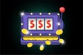 Slot machine symbol. Online casino one-armed bandit icon on dark background. Jackpot big win concept. Risky