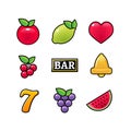 Slot machine symbols icons set. Casino gambling slot machine icons of fruit lemon seven bell