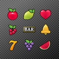 Slot machine symbols icons set. Casino gambling slot machine icons of fruit lemon seven bell Royalty Free Stock Photo