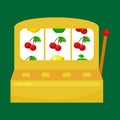 Slot machine with three seven s on green background. win gambling casino icon, risk and play in , vector Royalty Free Stock Photo