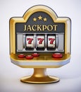 Slot machine with three seven symbols and jackpot text. 3D illustration