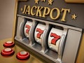 Slot machine with three seven symbols and jackpot text. 3D illustration Royalty Free Stock Photo