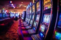 Slot machines in a row in casino closeup. Brightly apparatus for gambling. Generative AI