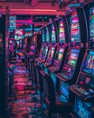 Slot machines in a row, cool tones, perspective shot , professional color grading