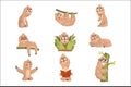 Sloth Animal Cute Cartoon Character Different Life Situations And Emotions Set Of Flat Cartoon Stickers