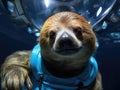 Sloth astronaut floating in blue space