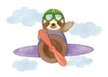 Sloth bear drive airplane on sky . Realistic watercolor paint with paper textured . Cartoon character design . Vector