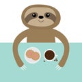 Sloth. Biscuit cookie and coffee cup. Teacup on table. Cute cartoon kawaii funny lazy baby character. Wild jungle animal