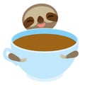 Sloth and blue cup coffee, tea, cute kawaii Three-toed sloth isolated on white background. Vector