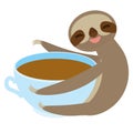 Sloth and blue cup coffee, tea, cute kawaii Three-toed sloth isolated on white background. Vector