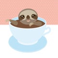 Sloth in a blue cup coffee, tea, Three-toed sloth on white background. Vector
