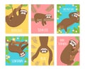 Sloth card. Cute slumber animal, sleepy lazy sloths. Child t-shirt, pajamas design