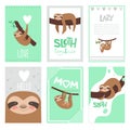 Sloth cards design. Pajama textile print with cute little sleepy animal on branch vector pictures collection