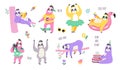 Sloth characters. Cute lazy animals in different poses, reading book, relaxing on tree branch, riding longboard, dancing