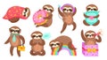 Sloth characters. Isolated sloths, lazy funny cartoon animal reading. Sleep on colorful rainbow, baby meditation dancing