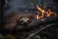 sloth exhausted in the midst of wildfires and smoke. Wildlife Animals. Illustration. Generative AI