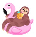 Sloth with flamingo inflatable float. Vector illustration.