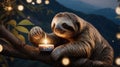 A Gentle Sloth Holding a Candle in the Forest at Night with Bokeh Lights Royalty Free Stock Photo