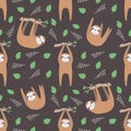 Sloth graphic illustration seamless pattern with trendy hanging cartoon style animals with leaves and branches on dark black backg
