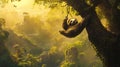 Sloth hanging from tree in lush jungle at sunset Royalty Free Stock Photo