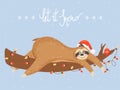 Christmas and Happy New Year card with sloth. Cute lazy sloth lying on a branch.