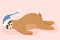 Cute cartoon sloth sleeping. Animal wearing nightcap.