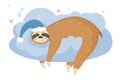 Cute cartoon sloth sleeping on a cloud. Animal wearing nightcap.