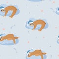 Seamless pattern with cute lazy sloths. Animals sleeping on a cloud.